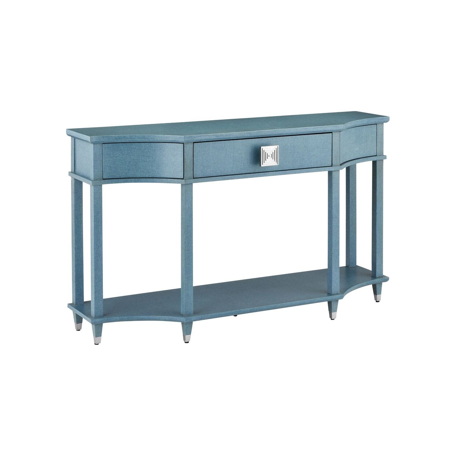 Currey and Company - 3000-0283 - Console Table - Maya - Lacquered Blue Linen/Washed Mahogany/Polished Stainless Steel