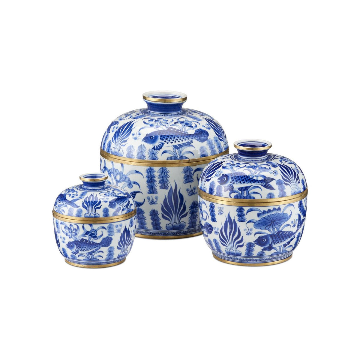 Currey and Company - 1200-0969 - Rice Tureen Set of 3 - White / Blue / Brass