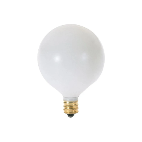 25 Watt G16 1/2 Incandescent, Satin White, 2500 Average rated hours, 162 Lumens, Candelabra base, 130 Volt